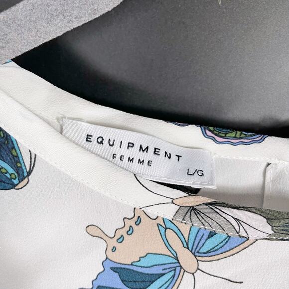 SOLD-Equipment Kyle Butterfly Print Top Sleeveless Blouse White Silk Sz L - Picture 8 of 10
